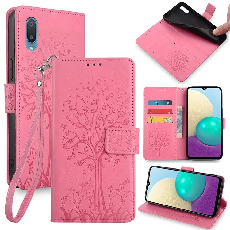 For Samsung Galaxy A02 Cell Phone Case Imprinted Deer Tree Pattern Wallet Cover
