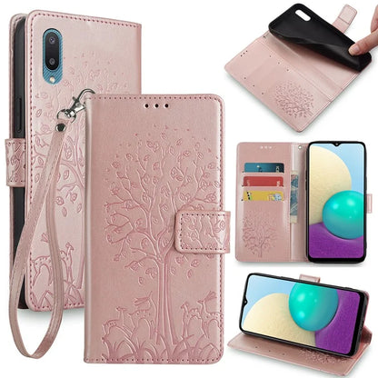 For Samsung Galaxy A02 Cell Phone Case Imprinted Deer Tree Pattern Wallet Cover