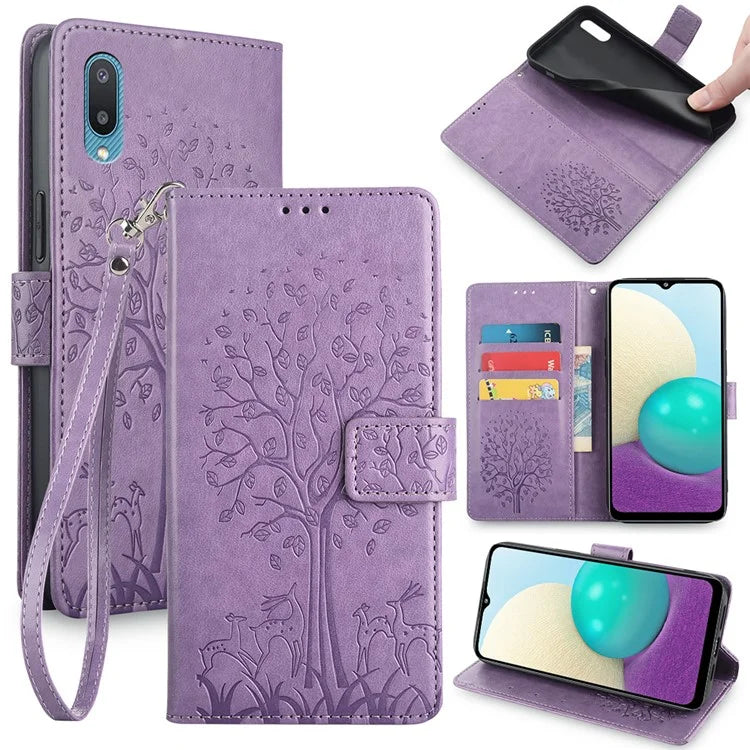 For Samsung Galaxy A02 Cell Phone Case Imprinted Deer Tree Pattern Wallet Cover