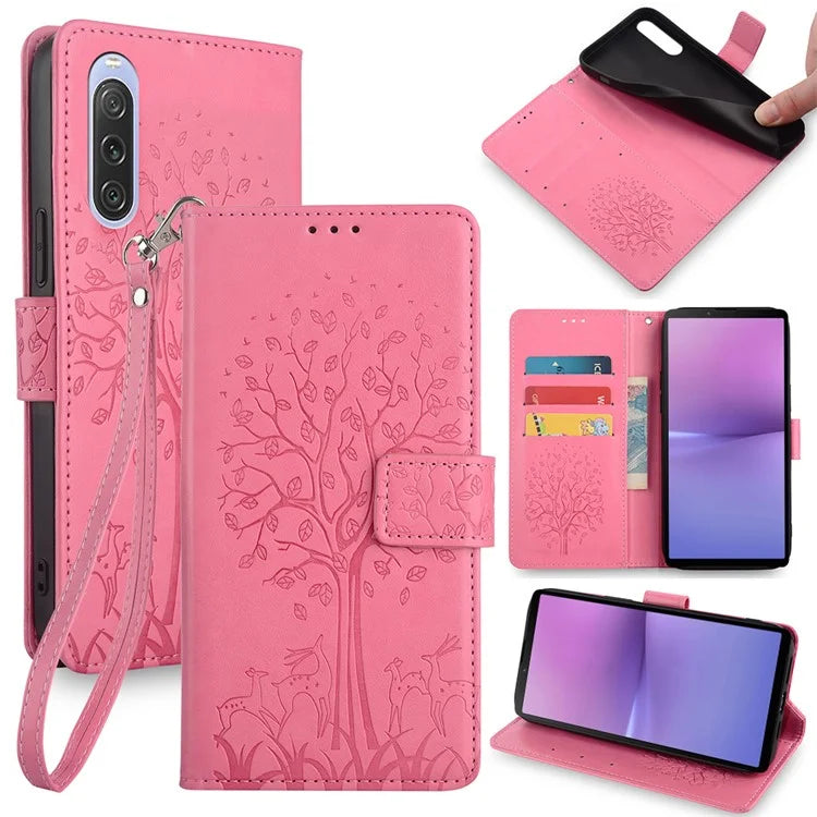 For Sony Xperia 10 V Magnetic Case Leather Imprinted Deer Tree Pattern Cover