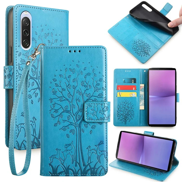 For Sony Xperia 10 V Magnetic Case Leather Imprinted Deer Tree Pattern Cover