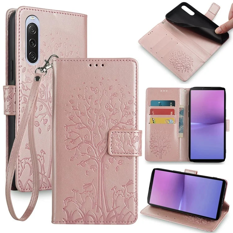 For Sony Xperia 10 V Magnetic Case Leather Imprinted Deer Tree Pattern Cover