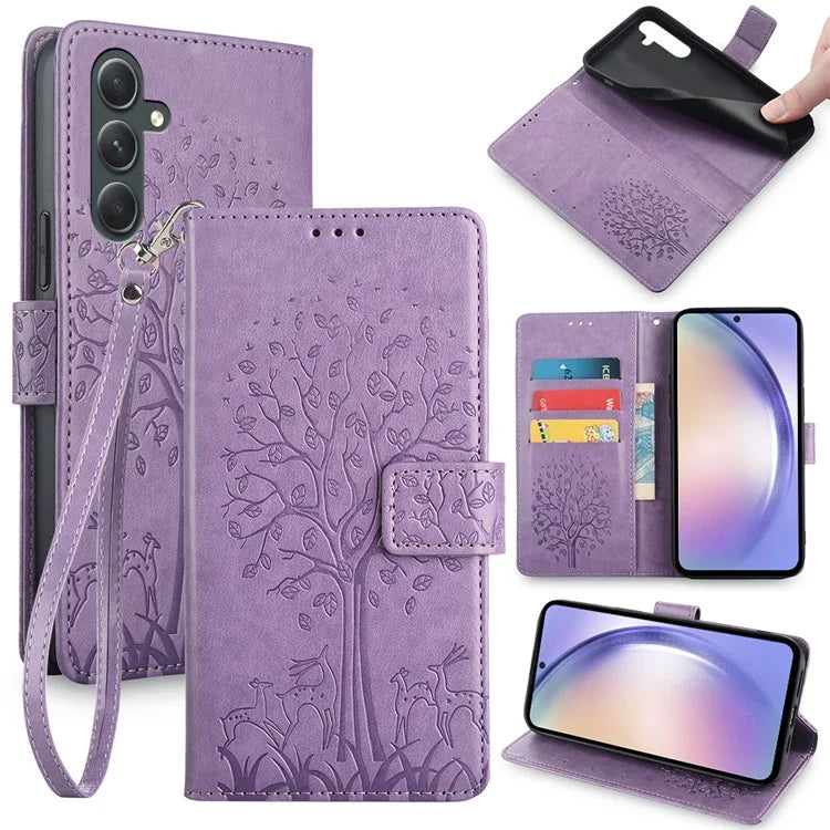 For Samsung Galaxy A54 5G Leather Case Magnetic Imprinted Deer Tree Pattern Phone Cover
