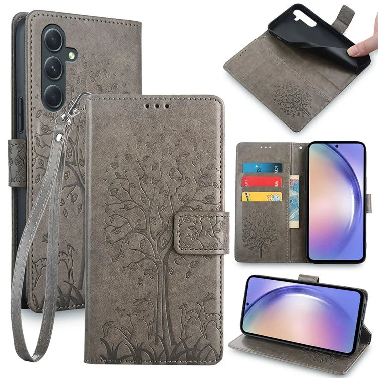 For Samsung Galaxy A54 5G Leather Case Magnetic Imprinted Deer Tree Pattern Phone Cover