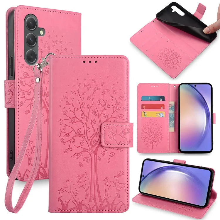 For Samsung Galaxy A54 5G Leather Case Magnetic Imprinted Deer Tree Pattern Phone Cover
