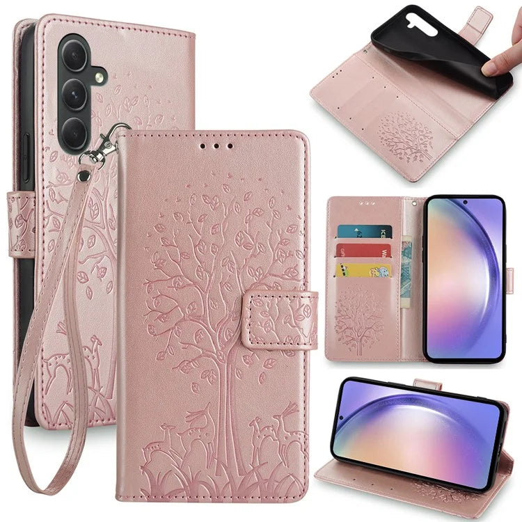 For Samsung Galaxy A54 5G Leather Case Magnetic Imprinted Deer Tree Pattern Phone Cover