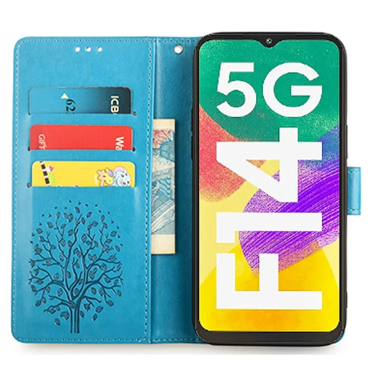 For Samsung Galaxy F14 5G Case Imprinted Deer Tree Pattern Protective Cover with Wrist Strap