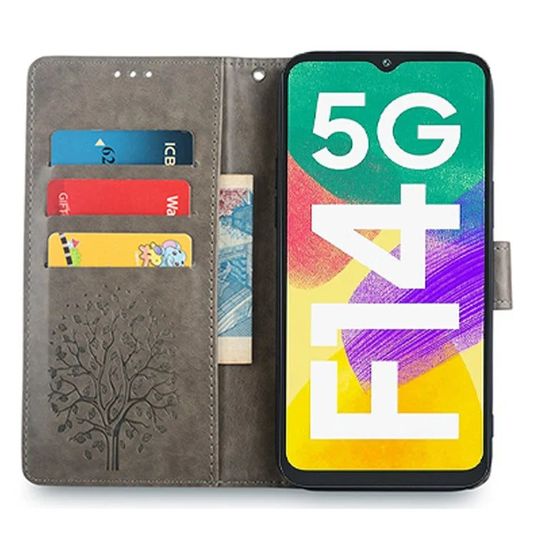 For Samsung Galaxy F14 5G Case Imprinted Deer Tree Pattern Protective Cover with Wrist Strap
