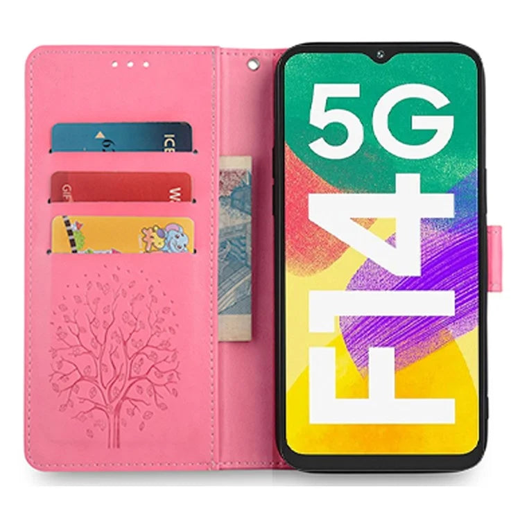 For Samsung Galaxy F14 5G Case Imprinted Deer Tree Pattern Protective Cover with Wrist Strap