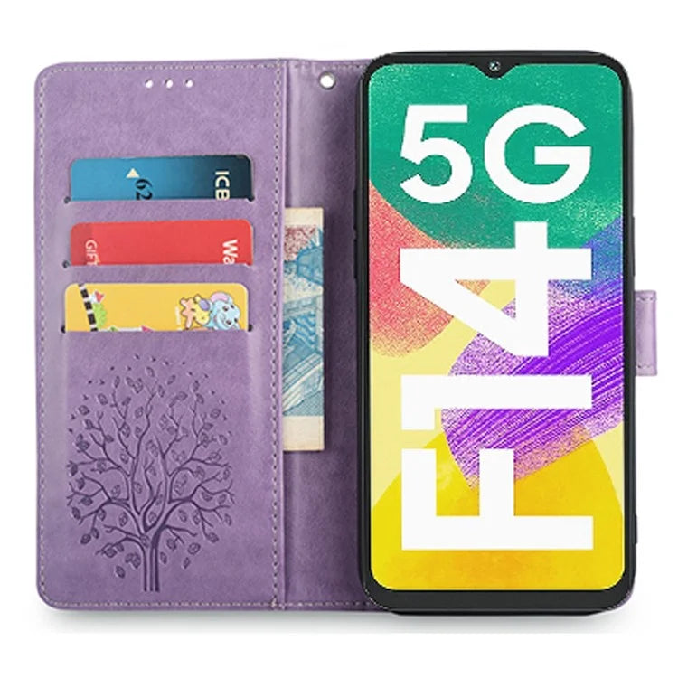 For Samsung Galaxy F14 5G Case Imprinted Deer Tree Pattern Protective Cover with Wrist Strap