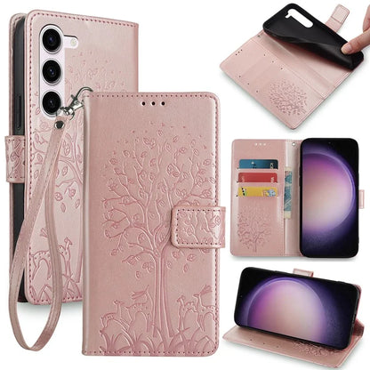 For Samsung Galaxy S23 Phone Case Imprinted Deer Tree Pattern 3 Card Slots Anti-drop Cover
