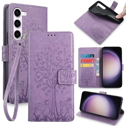 For Samsung Galaxy S23 Phone Case Imprinted Deer Tree Pattern 3 Card Slots Anti-drop Cover