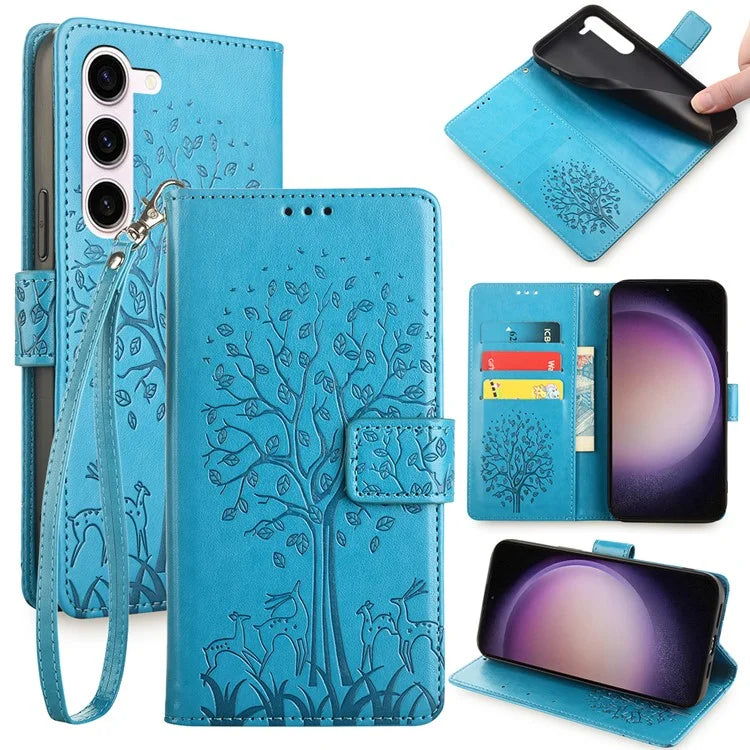 For Samsung Galaxy S23 Phone Case Imprinted Deer Tree Pattern 3 Card Slots Anti-drop Cover