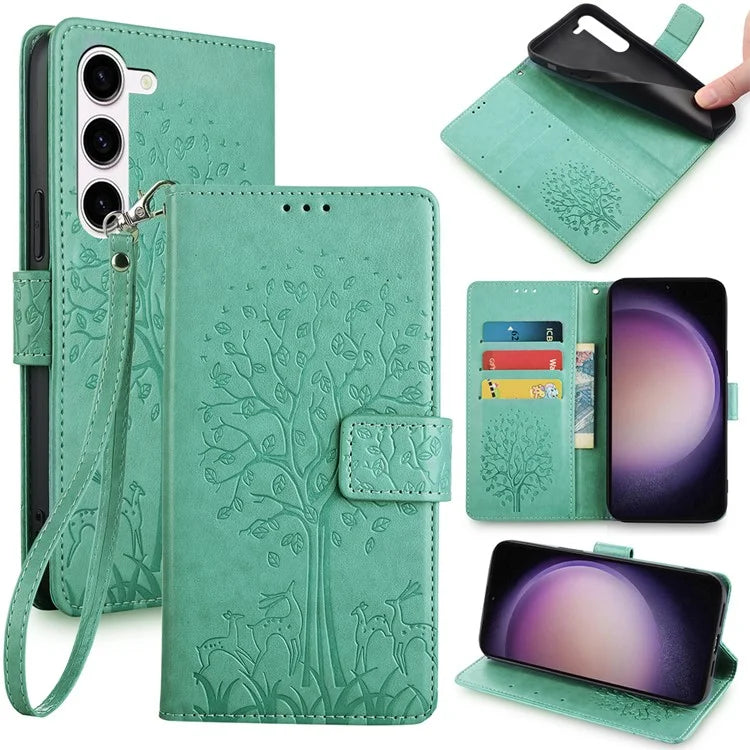For Samsung Galaxy S23 Phone Case Imprinted Deer Tree Pattern 3 Card Slots Anti-drop Cover