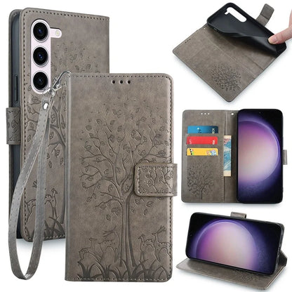 For Samsung Galaxy S23 Phone Case Imprinted Deer Tree Pattern 3 Card Slots Anti-drop Cover