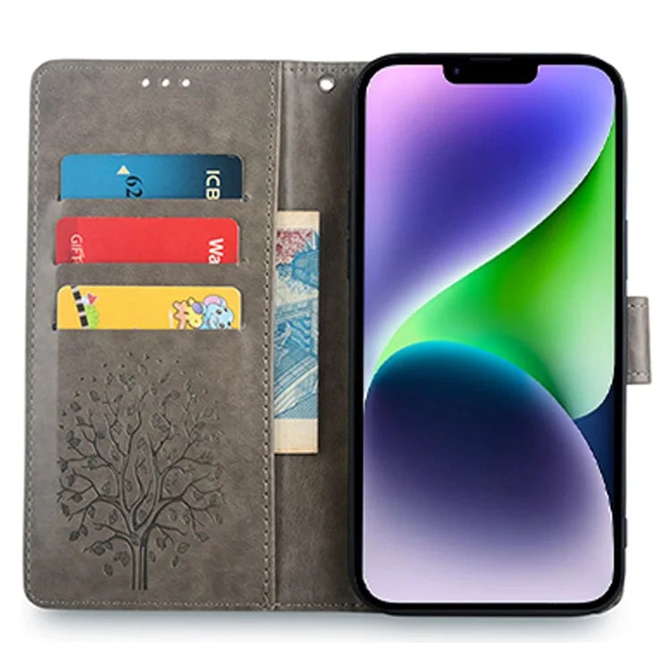 For iPhone 14 Plus Phone Cover Leather 3 Card Slots Imprinted Deer Tree Pattern Case