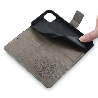 For iPhone 14 Plus Phone Cover Leather 3 Card Slots Imprinted Deer Tree Pattern Case
