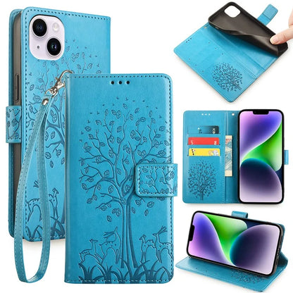 For iPhone 14 Plus Phone Cover Leather 3 Card Slots Imprinted Deer Tree Pattern Case