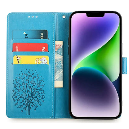 For iPhone 14 Plus Phone Cover Leather 3 Card Slots Imprinted Deer Tree Pattern Case