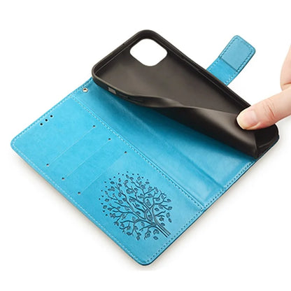 For iPhone 14 Plus Phone Cover Leather 3 Card Slots Imprinted Deer Tree Pattern Case