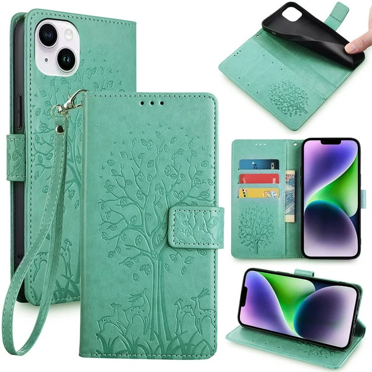 For iPhone 14 Plus Phone Cover Leather 3 Card Slots Imprinted Deer Tree Pattern Case