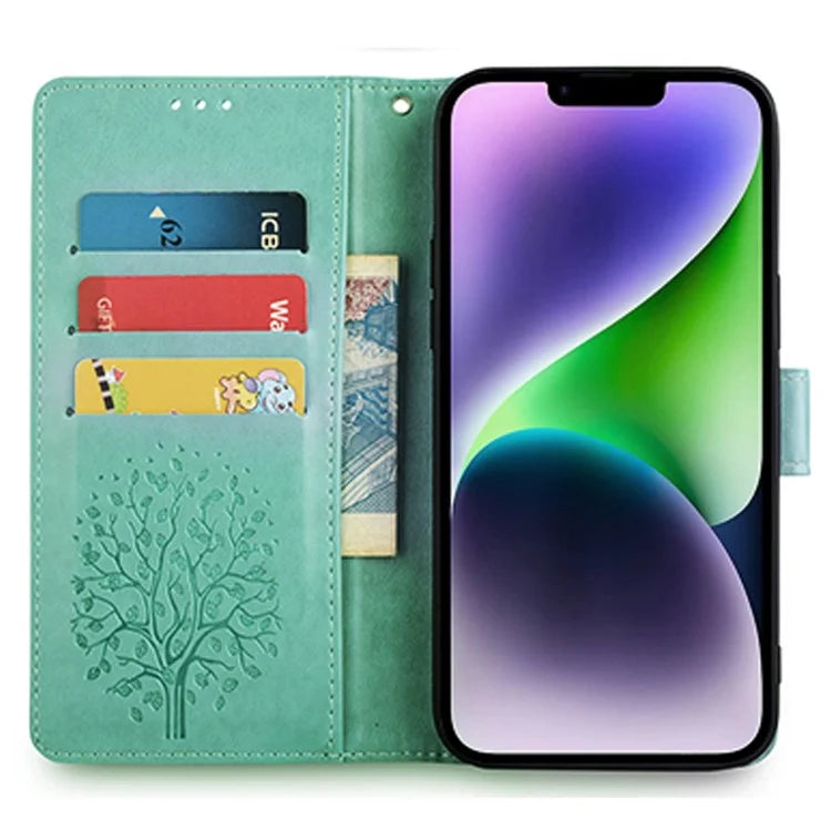 For iPhone 14 Plus Phone Cover Leather 3 Card Slots Imprinted Deer Tree Pattern Case