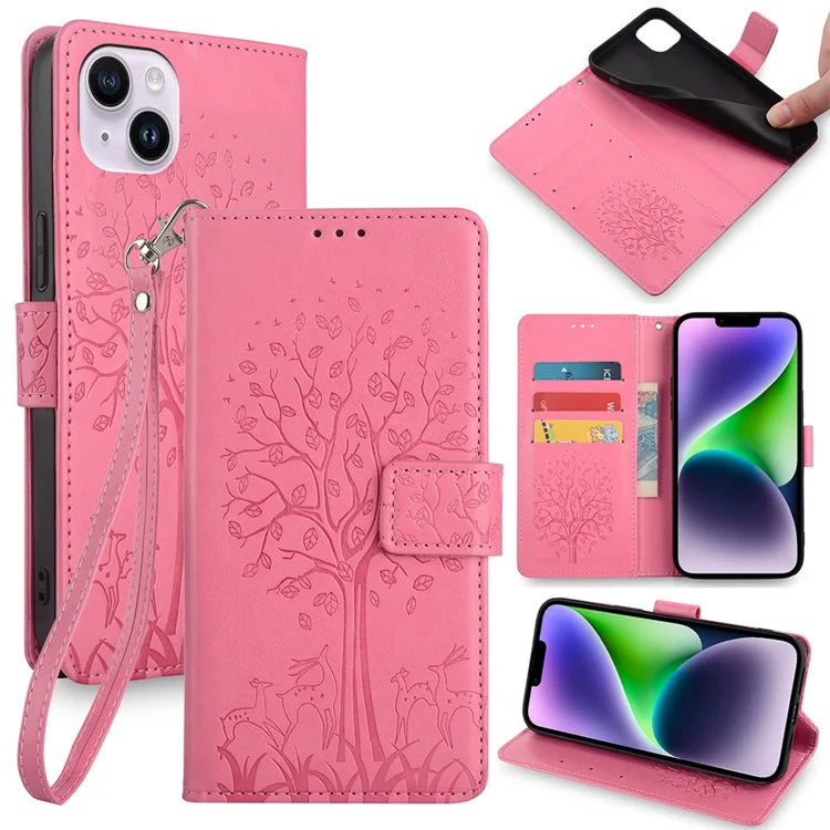 For iPhone 14 Plus Phone Cover Leather 3 Card Slots Imprinted Deer Tree Pattern Case