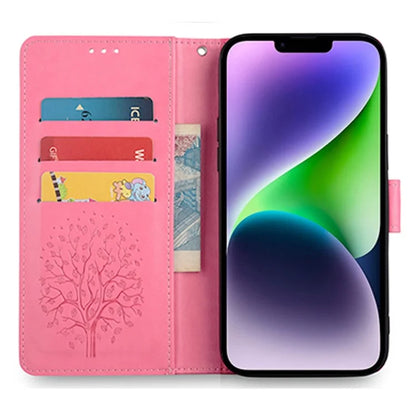 For iPhone 14 Plus Phone Cover Leather 3 Card Slots Imprinted Deer Tree Pattern Case