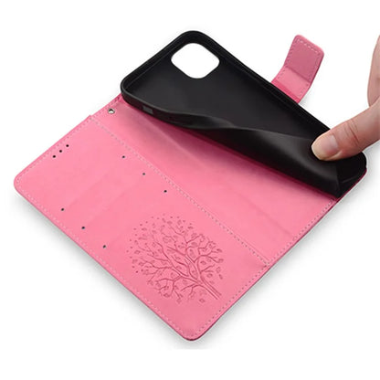 For iPhone 14 Plus Phone Cover Leather 3 Card Slots Imprinted Deer Tree Pattern Case