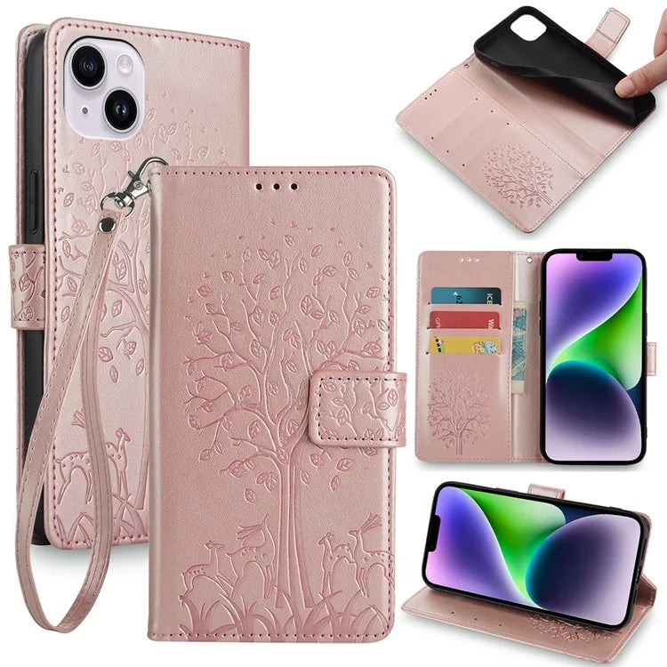 For iPhone 14 Plus Phone Cover Leather 3 Card Slots Imprinted Deer Tree Pattern Case