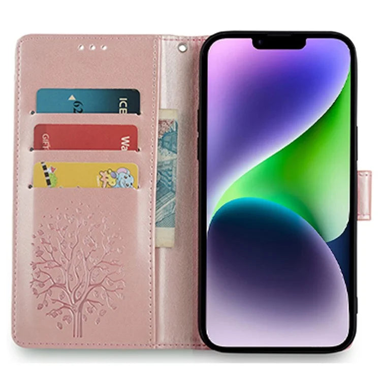 For iPhone 14 Plus Phone Cover Leather 3 Card Slots Imprinted Deer Tree Pattern Case
