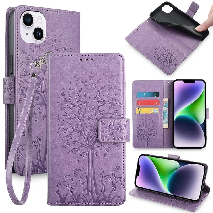 For iPhone 14 Plus Phone Cover Leather 3 Card Slots Imprinted Deer Tree Pattern Case