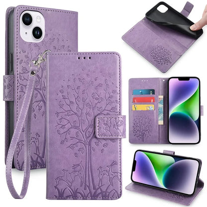 For iPhone 14 Plus Phone Cover Leather 3 Card Slots Imprinted Deer Tree Pattern Case