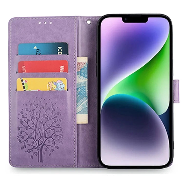 For iPhone 14 Plus Phone Cover Leather 3 Card Slots Imprinted Deer Tree Pattern Case