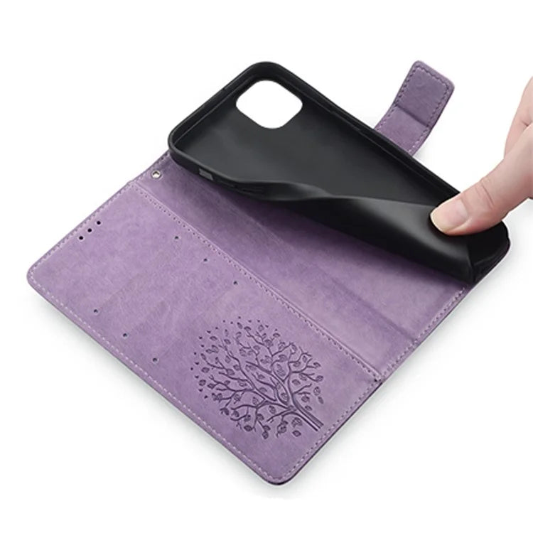 For iPhone 14 Plus Phone Cover Leather 3 Card Slots Imprinted Deer Tree Pattern Case