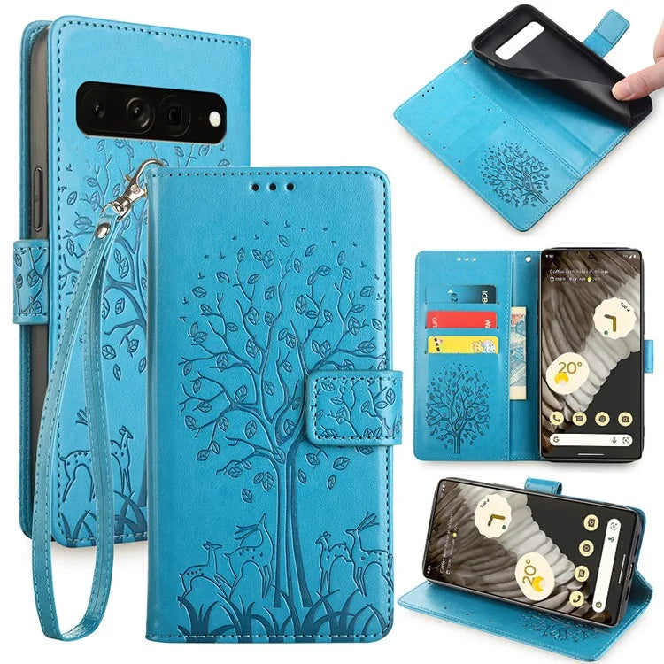For Google Pixel 7 Pro 5G Wallet Cover PU Leather+TPU Phone Case with Deer Tree Pattern