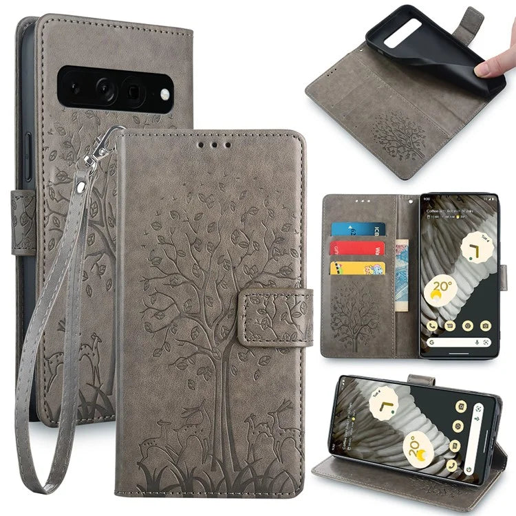 For Google Pixel 7 Pro 5G Wallet Cover PU Leather+TPU Phone Case with Deer Tree Pattern