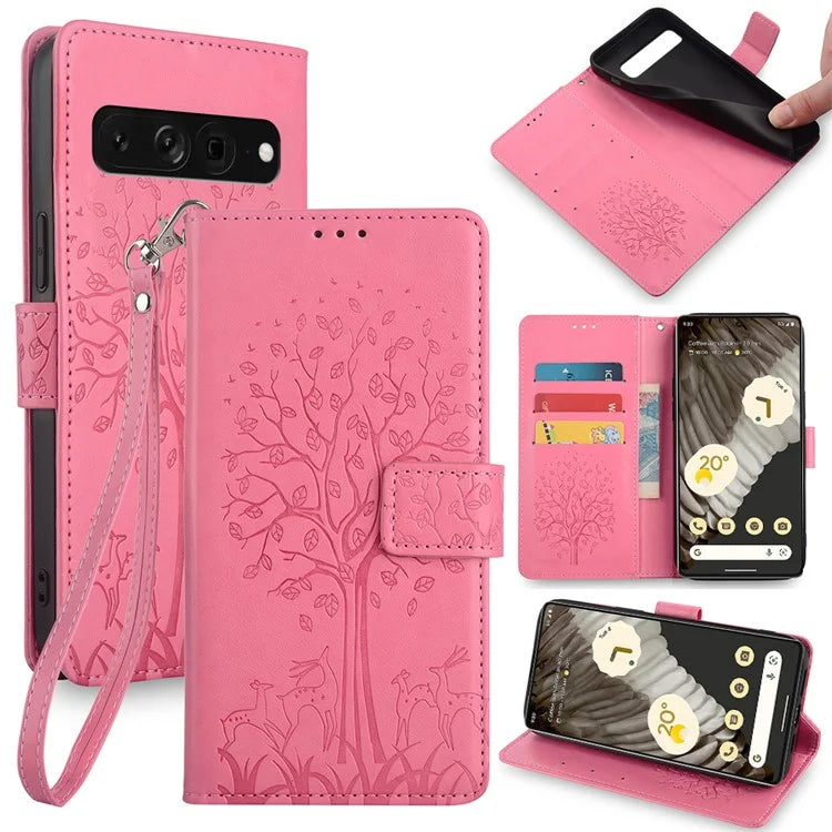 For Google Pixel 7 Pro 5G Wallet Cover PU Leather+TPU Phone Case with Deer Tree Pattern