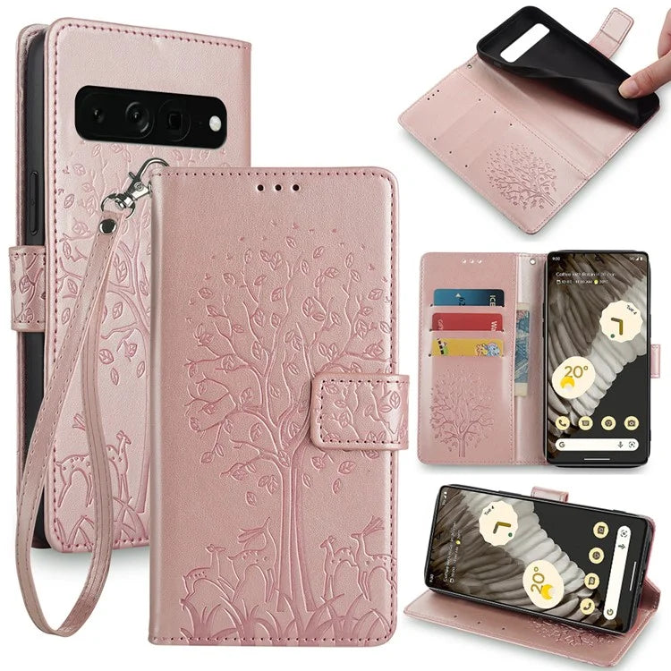 For Google Pixel 7 Pro 5G Wallet Cover PU Leather+TPU Phone Case with Deer Tree Pattern