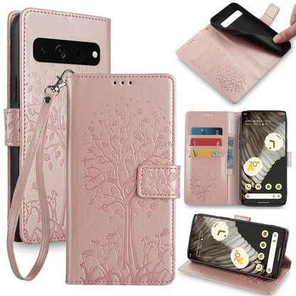 For Google Pixel 7 Pro 5G Wallet Cover PU Leather+TPU Phone Case with Deer Tree Pattern