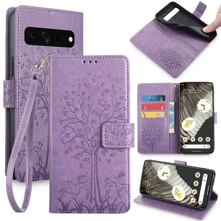 For Google Pixel 7 Pro 5G Wallet Cover PU Leather+TPU Phone Case with Deer Tree Pattern