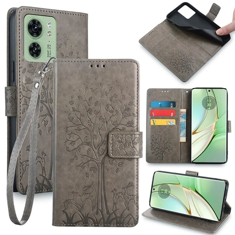 For Motorola Edge 40 5G Wallet Case Drop-proof Imprinted Deer Tree Pattern Phone Guard Cover