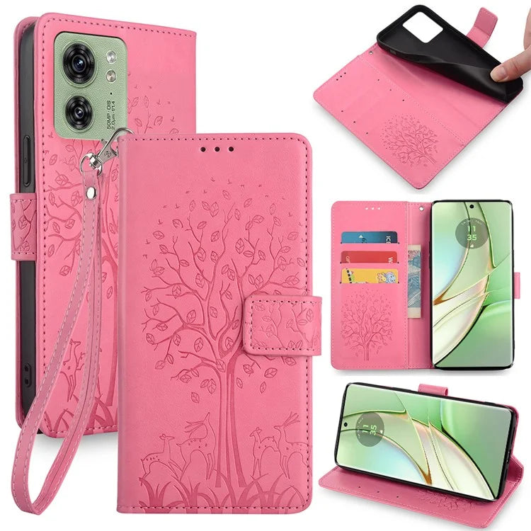 For Motorola Edge 40 5G Wallet Case Drop-proof Imprinted Deer Tree Pattern Phone Guard Cover