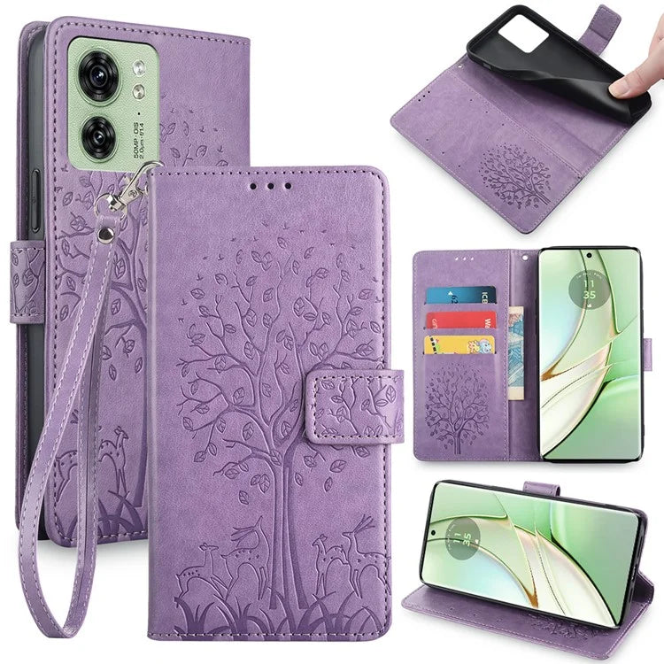 For Motorola Edge 40 5G Wallet Case Drop-proof Imprinted Deer Tree Pattern Phone Guard Cover
