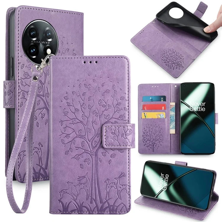 For OnePlus 11 5G Case Imprinted Deer Tree Pattern Card Holder Smart Phone Cover