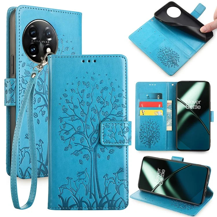 For OnePlus 11 5G Case Imprinted Deer Tree Pattern Card Holder Smart Phone Cover