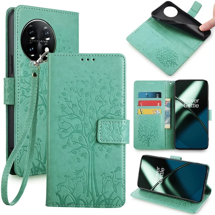For OnePlus 11 5G Case Imprinted Deer Tree Pattern Card Holder Smart Phone Cover