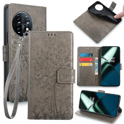 For OnePlus 11 5G Case Imprinted Deer Tree Pattern Card Holder Smart Phone Cover
