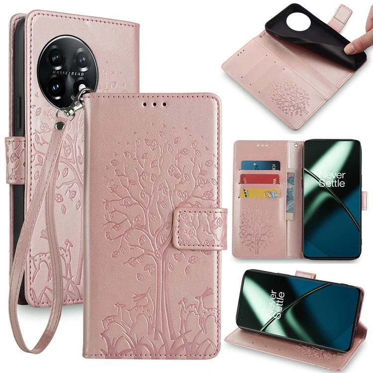 For OnePlus 11 5G Case Imprinted Deer Tree Pattern Card Holder Smart Phone Cover