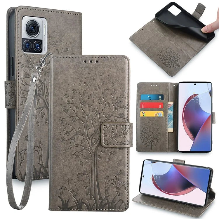 For Motorola Edge X30 Pro Case Imprinted Deer Tree Pattern Drop-proof Smartphone Cover